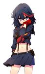  black_hair blue_eyes fingerless_gloves gloves kill_la_kill long_sleeves matoi_ryuuko midriff multicolored_hair navel pandaki_(aki) red_hair school_uniform senketsu short_hair skirt suspenders two-tone_hair 