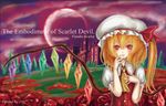  artist_name ascot blonde_hair character_name cloud copyright_name d-cao field fingernails flandre_scarlet flower flower_field full_moon hand_on_own_chest hand_on_own_face hat hat_ribbon looking_at_viewer mob_cap moon nail_polish night outdoors parted_lips puffy_short_sleeves puffy_sleeves red_eyes red_flower red_moon red_rose ribbon rose scarlet_devil_mansion short_hair short_sleeves side_ponytail skirt skirt_set solo the_embodiment_of_scarlet_devil touhou wings 