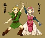  1girl bad_id bad_pixiv_id boots dress hat headgear high_five instrument knee_boots link navi ocarina pointy_ears princess_zelda the_legend_of_zelda the_legend_of_zelda:_ocarina_of_time tobacco_(tabakokobata) translated tunic young_link young_zelda younger 