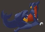  ????? bedroom_eyes black_sclera cloaca featureless_crotch feral garchomp grey_background looking_at_viewer lying megaloas nintendo on_side open_mouth plain_background pok&#233;mon pok&eacute;mon presenting raised_leg solo tongue video_games 