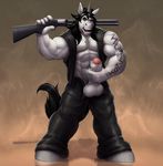  abs amazing anthro balls biceps big_balls biker black_hair braford clothing equine erection fur green_eyes grey_penis grin gun hair hooves horn humanoid_penis jacket leather male mammal masturbation muscles necklace nikolas_vasilyev open_mouth open_pants pants pecs penis plain_background pose ranged_weapon shotgun solo tattoo uncut unicorn weapon white_fur 