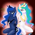  anthro anthrofied arms_behind_back blue_eyes blue_fur blue_hair bound breasts cleavage clothed clothing crown cutie_mark duo equine female friendship_is_magic fur hair horn horse kneeling lesbian long_hair looking_at_viewer mammal multi-colored_hair my_little_pony navel princess_celestia_(mlp) princess_luna_(mlp) purple_eyes rainbow_hair violet-poni white_fur winged_unicorn wings 