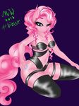  anthro anthrofied blue_eyes bra breasts cleavage clothed clothing curly_hair cutie_mark equine female friendship_is_magic fur hair half-closed_eyes horse legwear looking_at_viewer mammal my_little_pony navel pink_fur pink_hair pinkie_pie_(mlp) plain_background pony purple_background sitting solo thigh_highs underwear violet-poni 