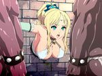  1girl animated animated_gif aqua_eyes blonde_hair breasts censored game_cg imminent_rape kabe_ni_hamatte_ugokenai!_2 nighthawk_(circle) pointy_ears ponytail stuck through_wall 