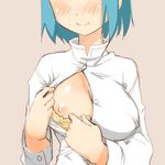  blue_hair bra breast_slip breasts dress_shirt head_out_of_frame large_breasts lowres mahou_shoujo_madoka_magica miki_sayaka nipples one_breast_out school_uniform shinama shirt short_hair smile solo unbuttoned underwear 
