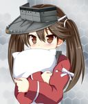  blush bow brown_eyes brown_hair covering_mouth eyebrows_visible_through_hair hair_between_eyes honeycomb_(pattern) honeycomb_background icetiina japanese_clothes kantai_collection kariginu long_hair long_sleeves looking_at_viewer pillow pillow_hug ryuujou_(kantai_collection) solo twintails visor_cap white_bow 