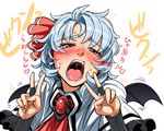  ahegao bat_wings blue_hair blush bridal_gauntlets commentary_request double_v eyebrows fangs gem hair_ribbon half-closed_eyes imizu_(nitro_unknown) mini_wings open_mouth red_eyes remilia_scarlet ribbon saliva sexually_suggestive tears tongue touhou translation_request v vampire wings 
