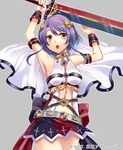  :o armlet armpits arms_up bangs bare_shoulders belt bracelet breasts brown_eyes carrying_overhead collar copyright_name cowboy_shot eyebrows_visible_through_hair gem grey_background hair_ornament holding holding_sword holding_weapon jewelry kakusei_avenger medium_breasts miniskirt navel_cutout open_mouth original outline purple_hair shina_shina short_hair_with_long_locks simple_background skirt solo sword veil weapon white_outline 