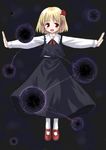  :d blonde_hair blouse darkness hair_ribbon kagura_mizuki mary_janes open_mouth outstretched_arms pantyhose ribbon rumia shoes short_hair skirt smile spread_arms touhou vest 