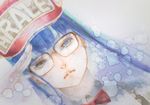  blue_eyes blue_hair clothes_writing dr._slump glasses hat lips nanami_rio norimaki_arale portrait salute solo 