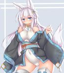  animal_ears blue_eyes blush breasts fox_ears hair_ornament highres japanese_clothes kimono kutan large_breasts leotard long_hair mizuki_(kutan) off_shoulder original silver_hair smile solo tail thighhighs 