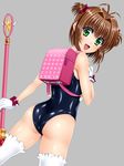  ass backpack bad_id bad_pixiv_id bag brown_hair cardcaptor_sakura dutch_angle glove_bow gloves green_eyes highres hoshi_no_tsue kinomoto_sakura looking_back magical_girl one-piece_swimsuit randoseru school_swimsuit sen_(sansui) shiny shiny_clothes short_hair swimsuit thighhighs twintails wand white_gloves 