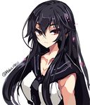  alternate_hairstyle bare_shoulders black_hair breasts cis_(carcharias) collarbone hair_between_eyes hair_down kantai_collection large_breasts long_hair looking_at_viewer necktie petals red_eyes simple_background solo twitter_username upper_body white_background yahagi_(kantai_collection) 