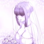  alternate_hairstyle breasts cleavage dress earrings flower huge_breasts jewelry kantai_collection kitakami_(kantai_collection) long_hair magaki_ryouta monochrome necklace solo veil wedding_dress 