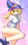  alternate_costume blonde_hair breasts dark_magician_girl duel_monster green_eyes hat icetiina large_breasts nurse smile solo star striped striped_background wizard_hat yuu-gi-ou yuu-gi-ou_duel_monsters 