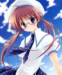  absurdres blue_eyes blue_sky brown_hair cloud day glasses hat highres necktie ryouka_(suzuya) scan school_uniform semi-rimless_eyewear sky solo twintails under-rim_eyewear 