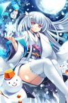  capura_lin flower full_moon hair_flower hair_ornament japanese_clothes kimono long_hair long_sleeves looking_at_viewer moon original purple_eyes ribbon-trimmed_legwear ribbon_trim siblings silver_hair snowflakes snowman solo thighhighs white_legwear wide_sleeves 