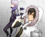  add_(elsword) bad_id bad_pixiv_id black_hair black_pants blade_master_(elsword) copyright_name daizu_yan elsword facial_mark gloves grey_background grin hood hoodie jacket lunatic_psyker_(elsword) male_focus multiple_boys pants purple_eyes raven_(elsword) smile tattoo white_hair yellow_eyes 