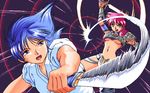  armor artist_request battle blue_hair breasts dagger dithering duel foreshortening hercequary knife long_hair medium_breasts multiple_girls pc98 pink_hair reika_(hercequary) reverse_grip roza_(hercequary) short_hair sword underboob weapon 