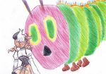  beret blonde_hair bow bug caterpillar corset detached_sleeves drill_hair from_behind green_eyes hair_ornament hat hiraichi insect mahou_shoujo_madoka_magica mami_mogu_mogu md5_mismatch pleated_skirt puffy_sleeves skirt the_very_hungry_caterpillar tomoe_mami traditional_media twin_drills twintails 