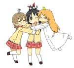  &gt;_&lt; aioi_yuuko animal animal_on_head bad_id bad_pixiv_id bird black_hair blonde_hair brown_hair cat closed_eyes group_hug hotaka_(fukuhotaka) hug labcoat long_hair multiple_girls nichijou on_head one_eye_closed professor_shinonome sakamoto_(nichijou) scarf school_uniform shinonome_nano short_hair smile tokisadame_school_uniform wince 