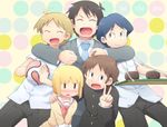  4boys ball black_eyes black_hair blonde_hair blush brown_hair daiku_kenzaburou formal hiroki_eiki hug multiple_boys necktie nichijou ogi_(nichijou) sakurai_makoto_(nichijou) school_uniform sekiguchi_yuria smile suit takasaki_manabu tokisadame_school_uniform v 