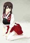  akagi_(kantai_collection) brown_hair japanese_clothes kantai_collection kouji_(campus_life) long_hair md5_mismatch miko sitting solo thighhighs yokozuwari 