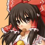  bad_id bad_pixiv_id bare_shoulders blush bow brown_eyes brown_hair dango detached_sleeves food hair_bow hair_tubes hakurei_reimu mouth_hold musouzuki solo touhou wagashi 