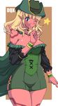  blonde_hair blush bracelet breasts brown_background cape detached_sleeves dragon_quest dragon_quest_x hips horns jewelry kihaiu large_breasts long_hair ogre_(dq10) one_eye_closed pointy_ears red_skin simple_background smile solo standing star tattoo wide_hips 
