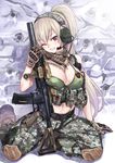  arm_support assault_rifle badge breasts brown_gloves brown_hair camouflage camouflage_pants cleavage cross front-tie_top gloves gun hair_ornament headset heckler_&amp;_koch highres hk416 knee_pads large_breasts long_hair matsuryuu midriff military_operator one_eye_closed original pants parted_lips ponytail pouch purple_eyes rifle scarf sitting skull smile solo suppressor vertical_foregrip weapon yokozuwari 