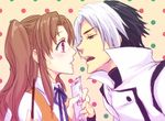  1girl black_hair brown_hair couple food green_eyes hetero imminent_kiss long_hair m.u.g.e.n melty_blood mugennagi multicolored_hair pocky polka_dot polka_dot_background profile red_eyes sachiel_(mugen) tsukihime two-tone_hair two_side_up white_hair yumizuka_satsuki 