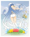  ass bad_id bad_pixiv_id beach blue_eyes blue_hair bucket flat_chest food_in_mouth hat highres ikamusume innertube ivo_naldo kneepits long_hair mouth_hold ocean one-piece_swimsuit prawn prehensile_hair shinryaku!_ikamusume solo swimsuit tentacle_hair undressing very_long_hair watermark web_address white_swimsuit 