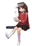  bad_id bad_pixiv_id brown_eyes brown_hair eighth_note kantai_collection musical_note ryuujou_(kantai_collection) scissors shibasaki_shouji simple_background skirt smile socks solo twintails visor_cap white_background 