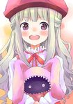  blush galaktika hat hoshimiya_kate kawanika long_hair long_sleeves open_mouth purple_eyes sekai_seifuku:_bouryaku_no_zvezda silver_hair smile solo star stuffed_animal stuffed_toy teeth upper_body 