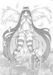  absurdly_long_hair absurdres alternate_costume areolae bangs blunt_bangs blush bow breasts breasts_outside bridal_gauntlets feathered_wings feathers full_body hair_bow highres ivo_naldo large_areolae large_breasts leotard long_hair microskirt monochrome multicolored_hair nipples panty_&amp;_stocking_with_garterbelt skirt solo stocking_(psg) straight_hair striped striped_legwear thighhighs traditional_media two-tone_hair very_long_hair wings 