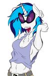  alpha_channel anthro anthrofied blue_hair breasts cleavage clothed clothing equine eyewear female friendship_is_magic glasses hair hi_res horn horse mammal musical_note my_little_pony navel panties pony shirt solo sunglasses tank_top thong two_tone_hair underwear unicorn vest vinyl_scratch_(mlp) zomgitsalaura 