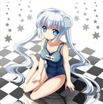  blue_eyes checkered checkered_floor highres kenkou_toshikou long_hair miss_monochrome miss_monochrome_(character) one-piece_swimsuit reflection school_swimsuit silver_hair swimsuit twintails 