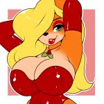  2018 anthro armwear bandicoot big_breasts black_nose blonde_hair breasts cleavage clothed clothing crash_bandicoot_(series) digital_media_(artwork) elbow_gloves eyelashes female gloves green_eyes hair hair_over_eye hi_res holly_(plant) kloudmutt lipstick long_hair looking_at_viewer makeup mammal marsupial nipple_bulge plant red_lipstick smile solo tawna_bandicoot video_games 