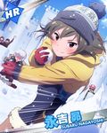  &gt;:) beanie blush boots brown_hair character_name handa_roko hat idolmaster idolmaster_million_live! jacket looking_at_viewer multiple_girls nagayoshi_subaru official_art pantyhose smile snow snow_sculpture snowball snowball_fight v-shaped_eyebrows winter_clothes 