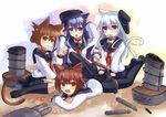  akatsuki_(kantai_collection) animal_ears black_legwear blue_eyes brown_eyes brown_hair cat_ears cat_tail collar fang fish fish_in_mouth folded_ponytail food_in_mouth hair_ornament hairclip hat heart-shaped_lock heart_lock_(kantai_collection) hibiki_(kantai_collection) highres ikazuchi_(kantai_collection) inazuma_(kantai_collection) kantai_collection kemonomimi_mode lock long_hair looking_at_viewer mouth_hold multiple_girls neckerchief open_mouth pantyhose red_neckwear school_uniform serafuku short_hair silver_hair skirt smile sumire_l.a. tail thighhighs 