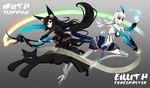  2girls animal animal_ears black_hair blade_&amp;_soul blue_eyes cat cross_akiha elbow_gloves feathers gray long_hair magic red_eyes staff tail thighhighs white_hair 