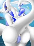  anus back back_turned blue_nipples breasts butt female fur legendary_pok&#233;mon legendary_pok&eacute;mon looking_at_viewer looking_back lugia nintendo nipples nude pok&#233;mon pok&eacute;mon presenting presenting_hindquarters pussy red_eyes smile solo video_games white_fur 