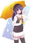  black_legwear blue_hair brown_eyes hat long_hair original salute school_uniform serafuku shiwasu_takashi skirt sweater_vest thighhighs umbrella zettai_ryouiki 