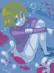  blonde_hair bubble expressionless fish full_body green_eyes looking_at_viewer shoes short_hair sitting solo tegaki underwater urotsuki yume_2kki 