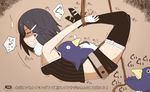  asagiri_asagi bdsm belt black_hair bondage bound bound_ankles bound_wrists clenched_teeth closed_eyes commentary_request disgaea hair_ornament hairclip hogtie nippon_ichi nns_(sobchan) prinny rope saliva short_hair shorts sleeping sweat tears teeth thighhighs torture translation_request 