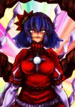  behind_back breasts brooch cross dress expressionless gem hair_between_eyes hairband jewelry kill_la_kill large_breasts lips long_sleeves looking_at_viewer mirror parody purple_eyes purple_hair red_dress rope sae_isurugi shawl short_hair solo touhou yasaka_kanako 