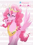  &lt;3 blue_eyes collar english_text equine feathers feral friendship_is_magic fur gem hair horn horse long_hair looking_at_viewer mammal my_little_pony one_eye_closed pink_fur pink_hair pinkie_pie_(mlp) pony princess royalty simple_background text tiara winged_unicorn wings wink yuki-zakuro 