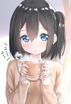  1girl :o bangs blue_eyes blush brown_hair brown_shirt coffee_mug commentary_request cup curtains eyebrows_visible_through_hair hair_between_eyes hands_up highres holding holding_cup long_sleeves mug one_side_up original parted_lips shirt sleeves_past_wrists solo steam suzunari_shizuku translation_request upper_body yuki_arare 