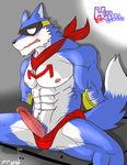  &#12498;&#12525;&#12540;&#12391;&#12365;&#12427;&#12418;&#12435;&#12387; ????????? abs anthro bandanna biceps big_muscles black_nose blue_fur blush bound bulge canine chest_tuft erection fangs fur hentist male mammal mask muscles nipples open_mouth pecs penis pose sitting solo speedo spread_legs spreading sweat swimsuit teeth toned tongue topless tuft white_fur wolf 
