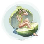  2014 artist_name barefoot closed_mouth covering food frown full_body green_eyes green_hair jane_mere knees_up long_hair onion original palms personification signature sitting solo transparent white_background 